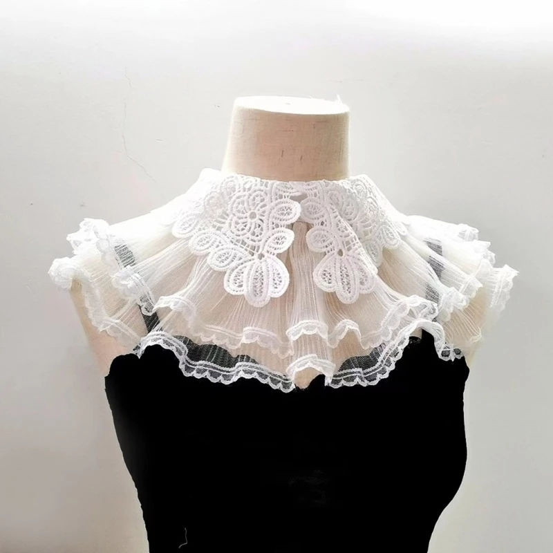 Elegant Hollow Out Lace False Collar Woman Shirt Sewing Supplies Lace Collar Shawl with Layered Lace Adjustable Size