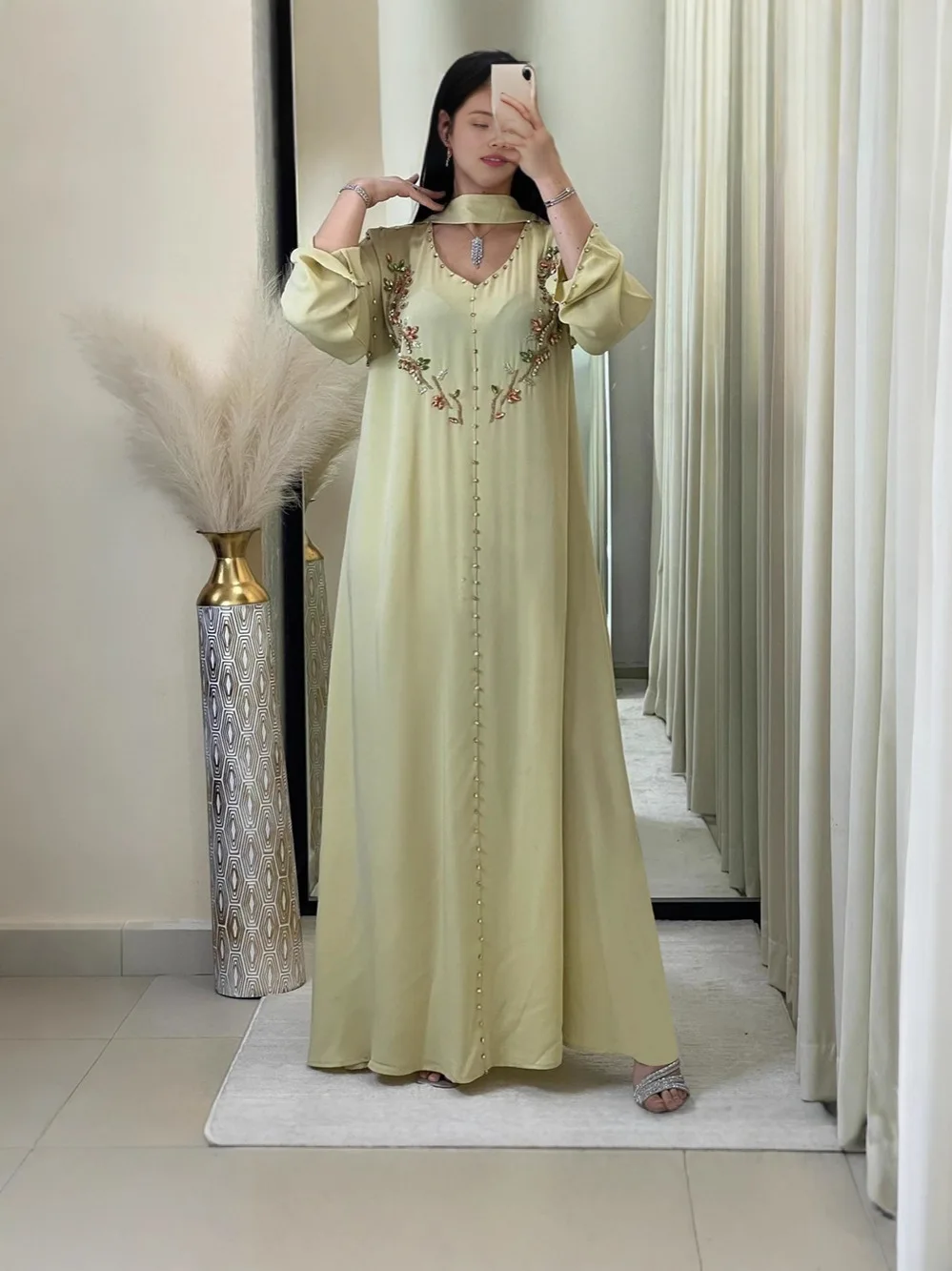 Teal Muslim Abaya with Stand Collar and Exquisite Floral Embroidery Ideal for Islamic Festivities and Ramadan Celebrations 2