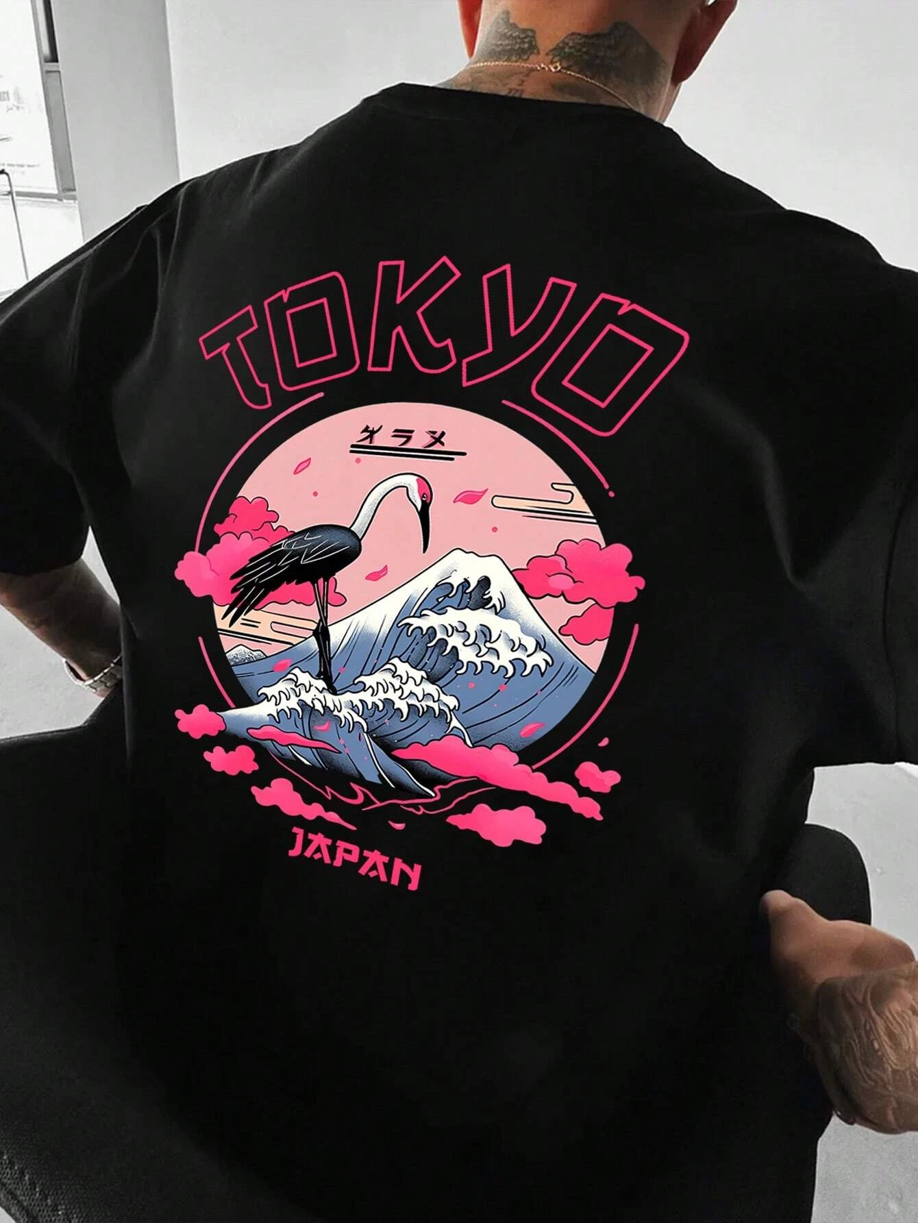 Family Matching T‑Shirt Japanese Crane Sakura Cloud Back Print Parent‑Child Loose Casual Streetwear Cotton Tee Tops