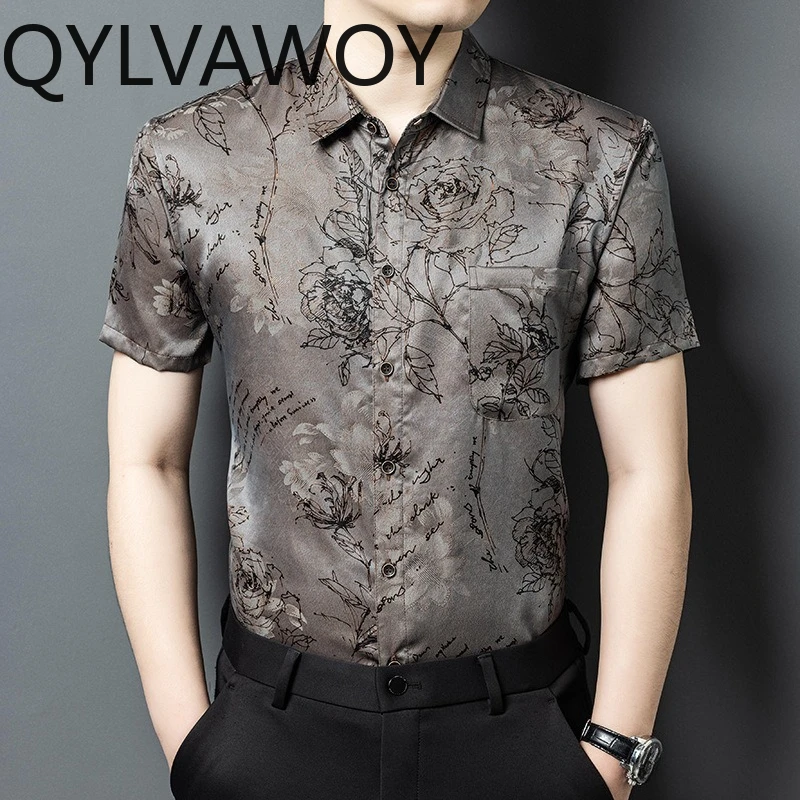 QYLVAWOY 100% Mulberry Silk Men's Shirts 2025 New Summer Shirts Short Sleeves Xiangyunsha Tops Printed Shirt Loose Ropa Hombre