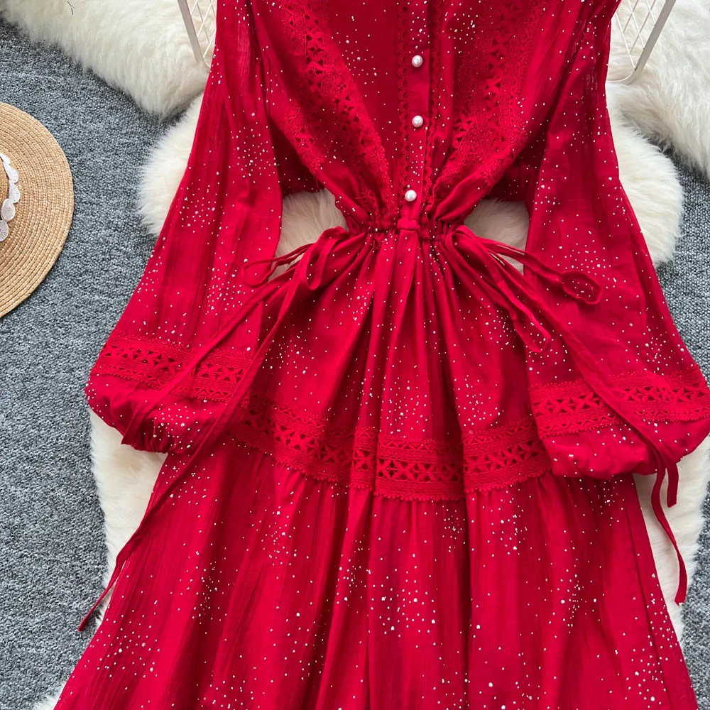 Chic vintage Spliced lace slim Elegant Fairy korean fashion Boho Sundress women clothing Long dress