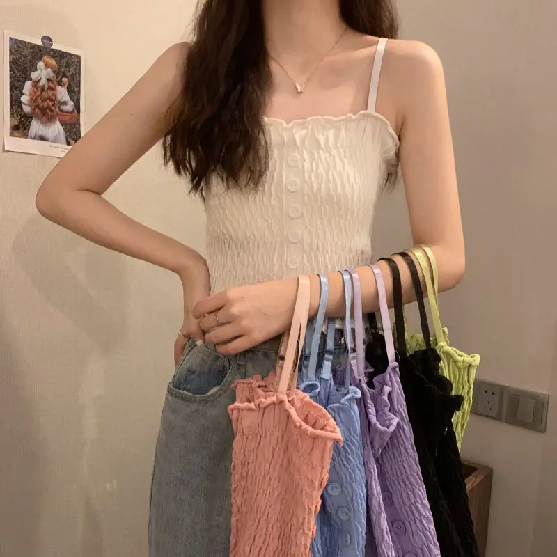 6 Colors Camisole Women Button Design Summer Sweet Preppy Style Holiday Stretchy Korean Fashion Sleeveless Harajuku Crops Femme