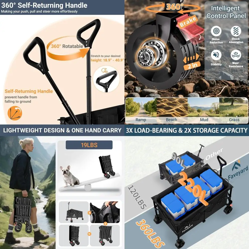 

Extra Large Foldable Wagon Cart with 360LBS Capacity, Big Wheels, and Brakes for Beach, Shopping, and Outdoor Activities