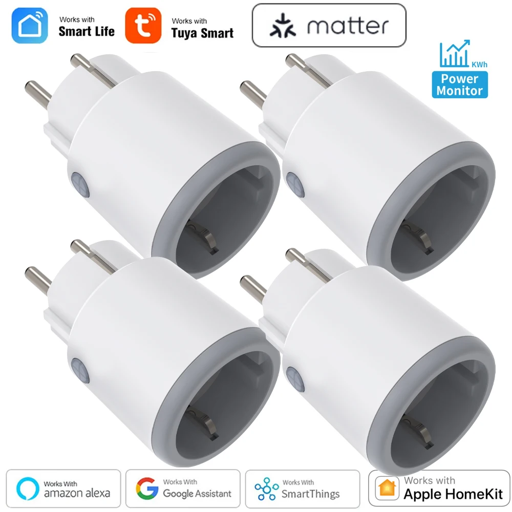 Wifi Smart Socket Matter 16A Socket with Power Monitor Tuya Smart EU Plug Home Appliance Outlet Works with Homekit Alexa Google