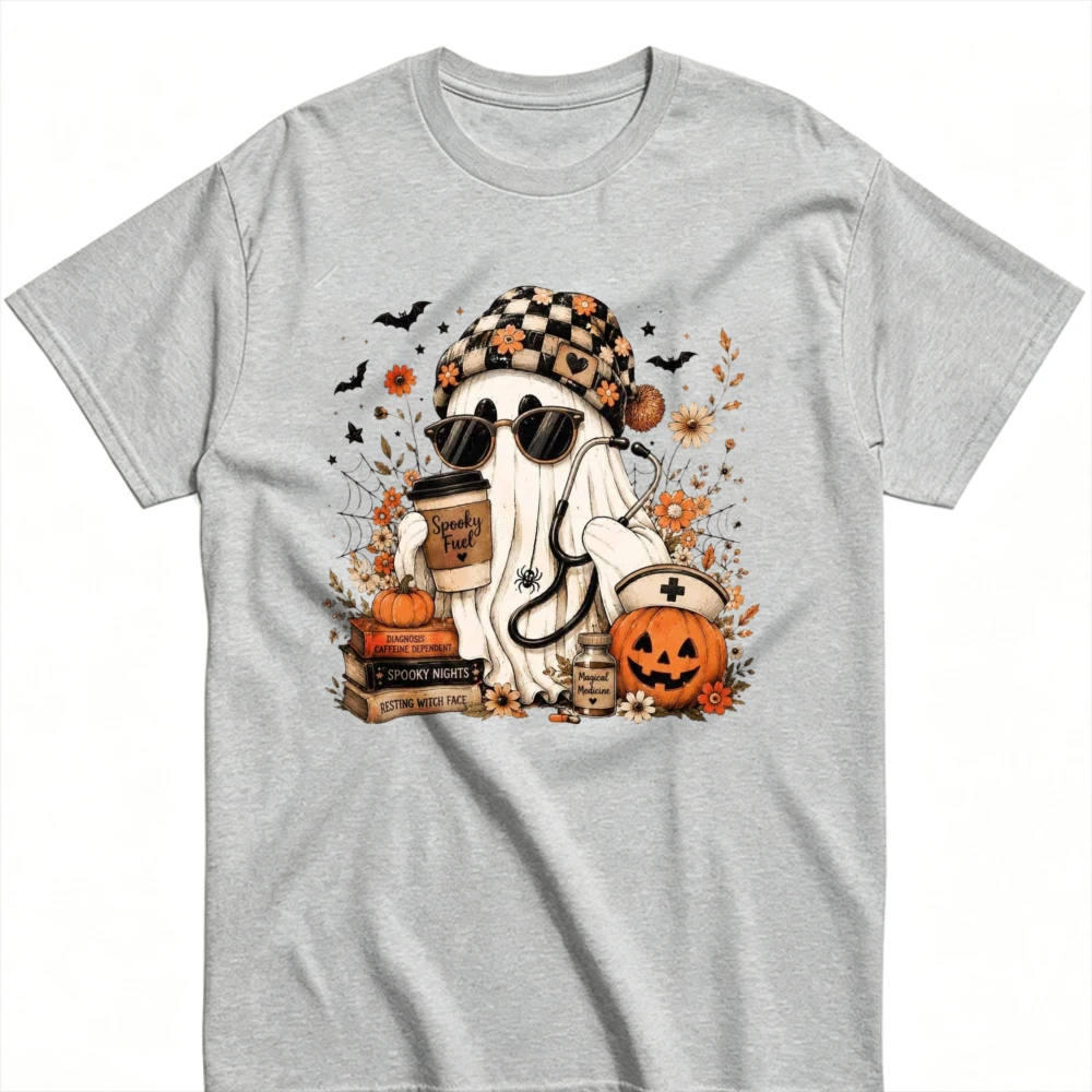 Halloween Nurse Ghost Graphic T‑Shirt Cool Ghost with Sunglasses Stethoscope Coffee Cup Pumpkin Floral Bat Vintage Spooky Tops