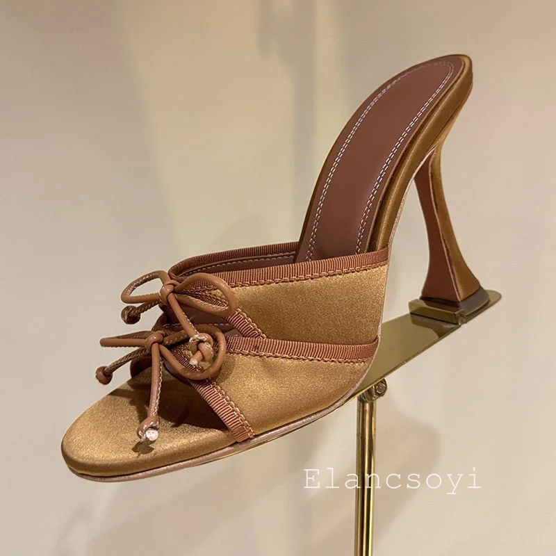 Women's genuine leather fashionable bow decoration satin solid color high heels slippers summer new 2026 party dress sandals