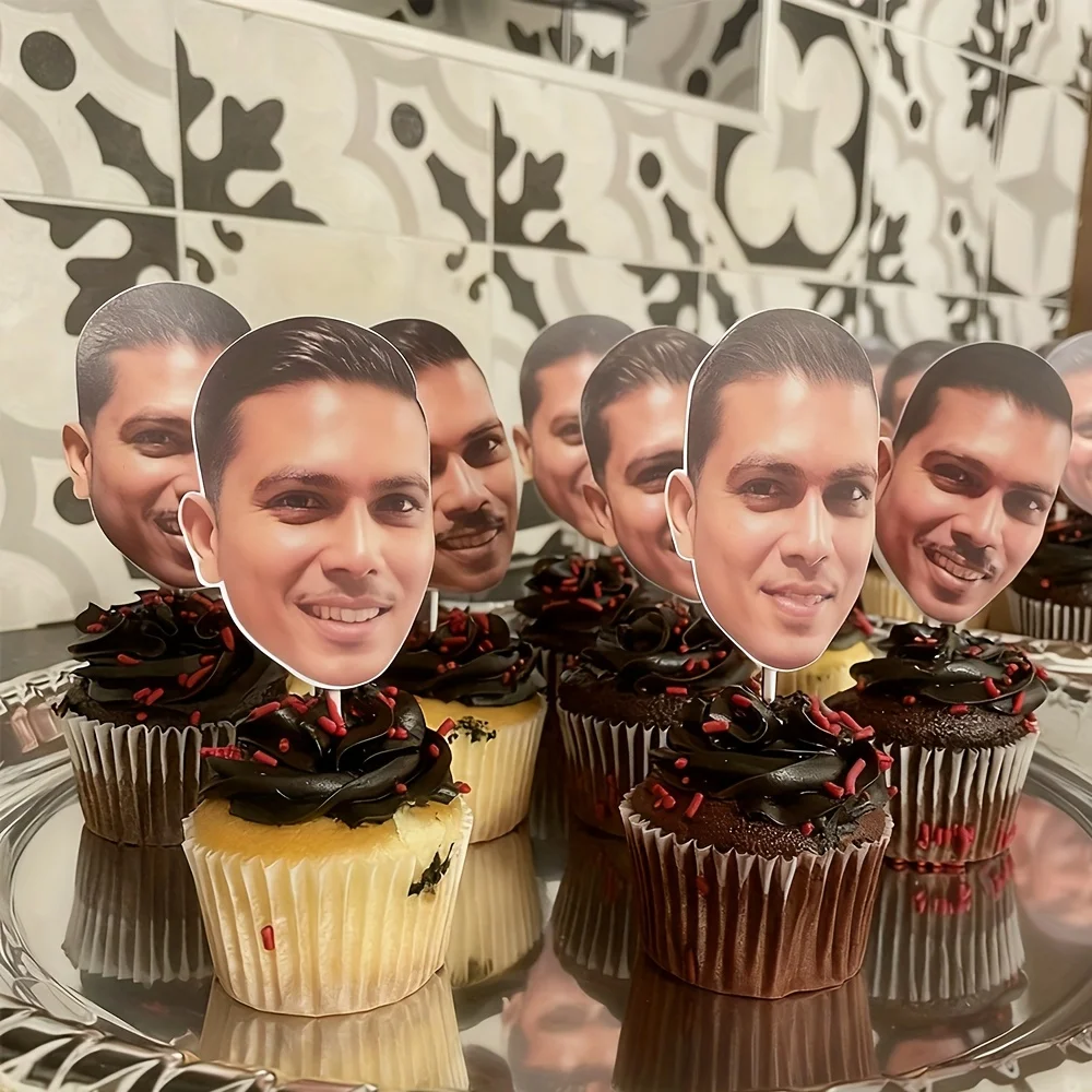 6/12/24/36 Pieces of Custom Face Cake Toppers, Personalized with Any Face Photo Cupcake Flags, for Celebrating Parties, Face-Shaped Hollow Cupcake Decorations with Bamboo Sticks, Perfect for Wedding, Birthday, Christmas Party Cake Decorations, Photo Dessert Selection