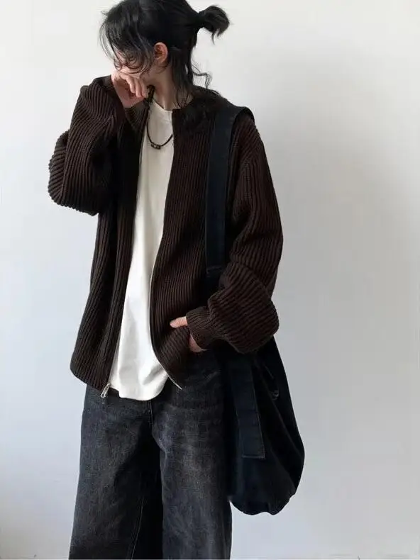 

Ретро-джемпер в японском стиле, вязаный, свободного кроя, с двойной молнией, повседневная верхняя одежда для осени и зимы