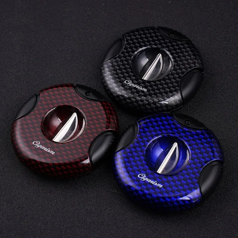 Carbon Fiber Cigar V-Cut Semi-Automatic Round Cigar Clipper Cigar V  CUTTER Scissors Guillotine Smoking Accessories