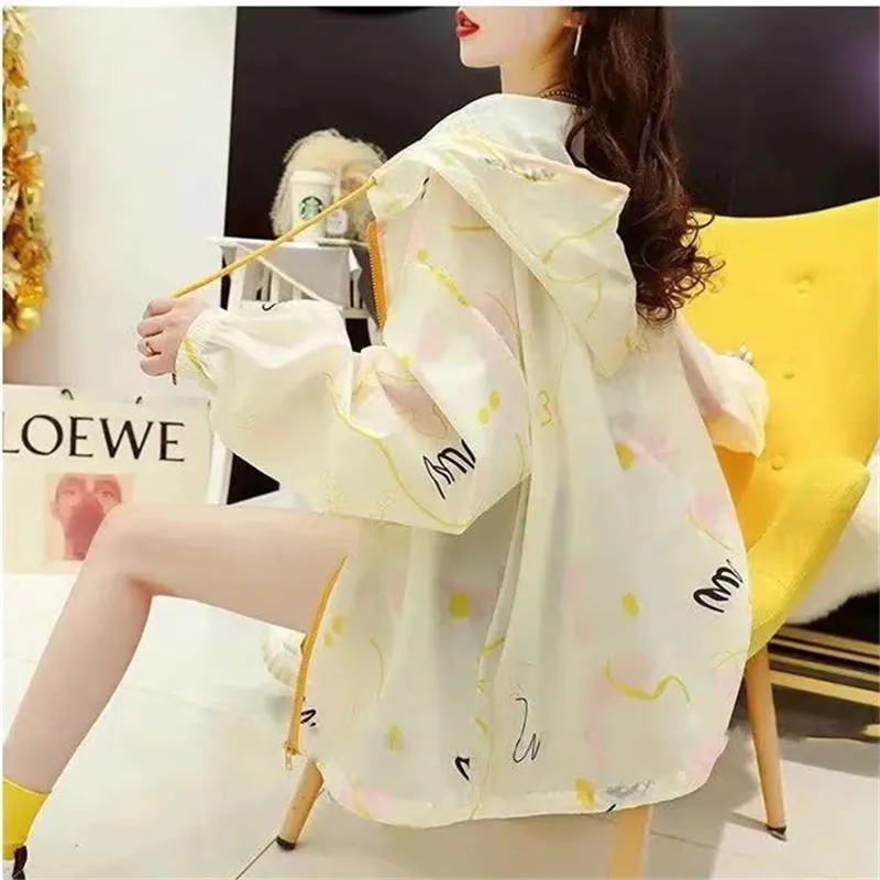 Fashion Print Ijs Zijde Zonbescherming Kleding Vrouwen Zomer Capuchon Lange Mouw Jasje Sjaal Anti-Uv Wilde Ademende Jas H2250