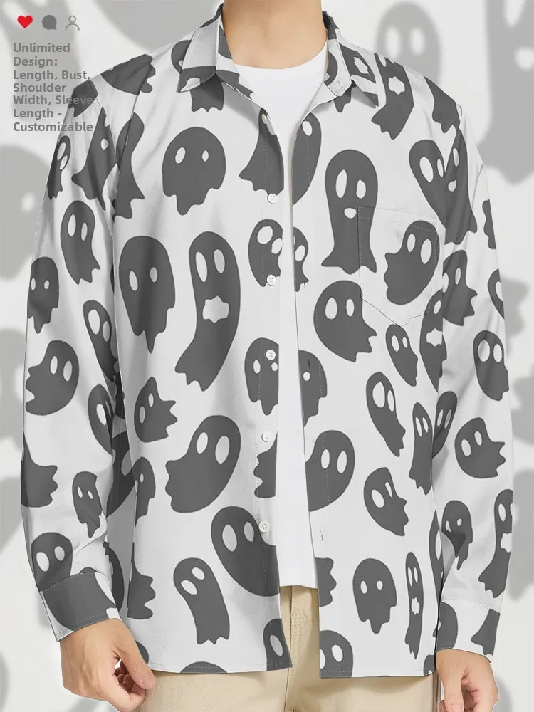 قميص رجالي بأكمام طويلة بنمط شبح كرتوني للهالوين، زي شبح لطيف، قميص كاجوال مستقيم الساق مطبوع من مزيج البوليستر