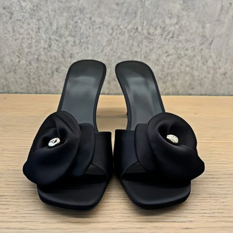 

2025 Summer New Black Women's Outdoor Open Toe Slippers Square Toe Stiletto Camellia Luxury Elegant Ladies Large Size Slippers