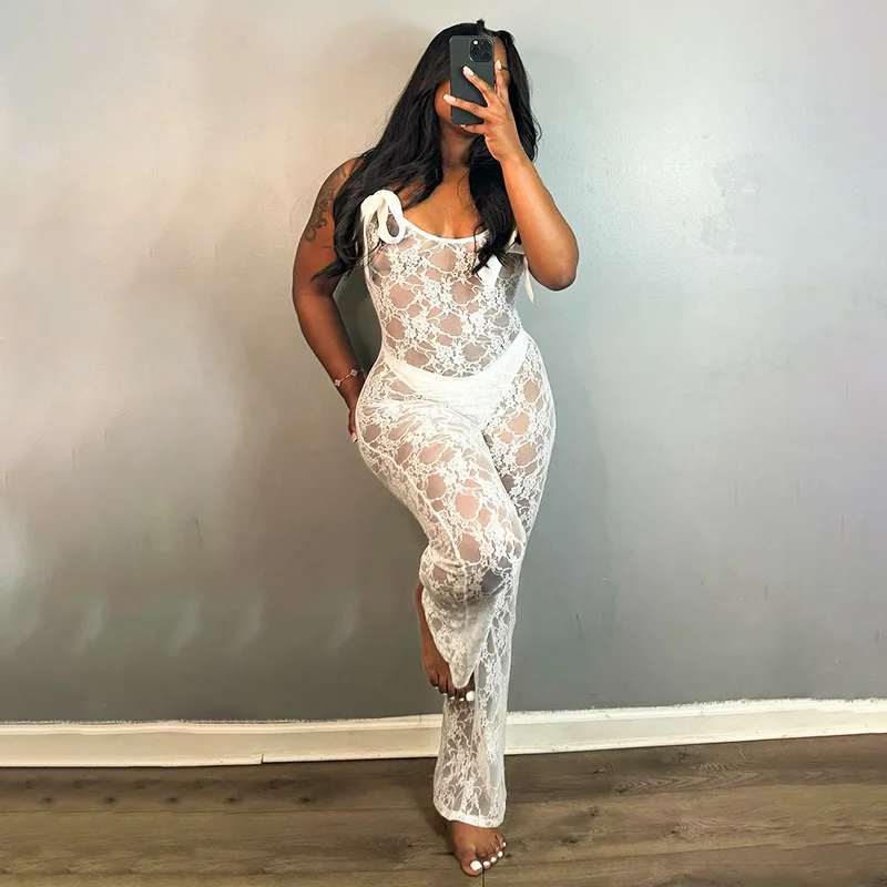 Women Bow Ribbon Lace Jumpsuit Skinny Romper Lace Crochet Flower Perspective Overalls Embroidery Jumpsuits Sexy Lady Outfits