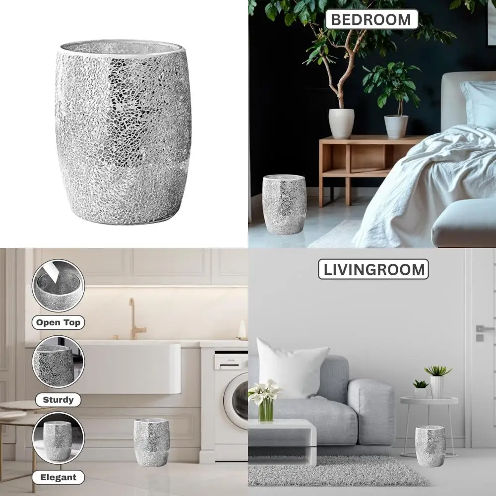 

Luxury Silver Mosaic Glass Trash Can 5L, 7 x 10 Inches, Modern Waste Basket for Bathroom, Bedroom, Office, Kitchen