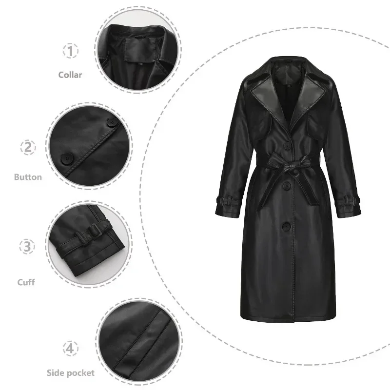 BTQWFD Women\'s Long Leather Trench Coat with Belt Button Single Breasted Loose Fashion 2024 New Spring Autumn Winter Outerwear