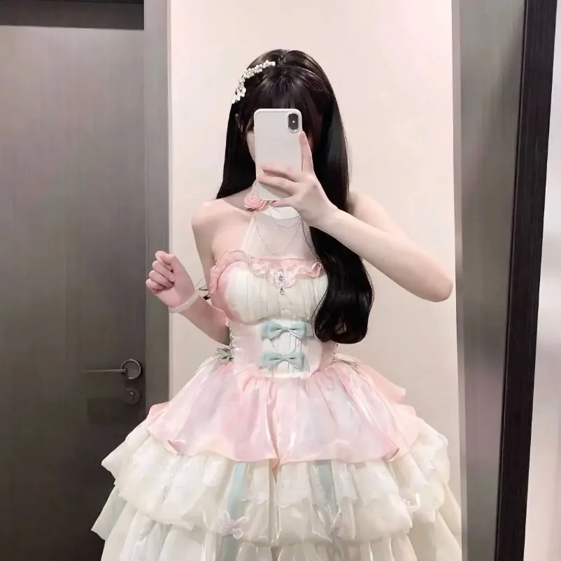 اليابانية Kawaii القوس الدانتيل لوليتا المرأة الحلو لطيف نفخة الأكمام ضئيلة الوردي فساتين صغيرة الإناث Pretty2025 جديد فستان الأميرة الجنية