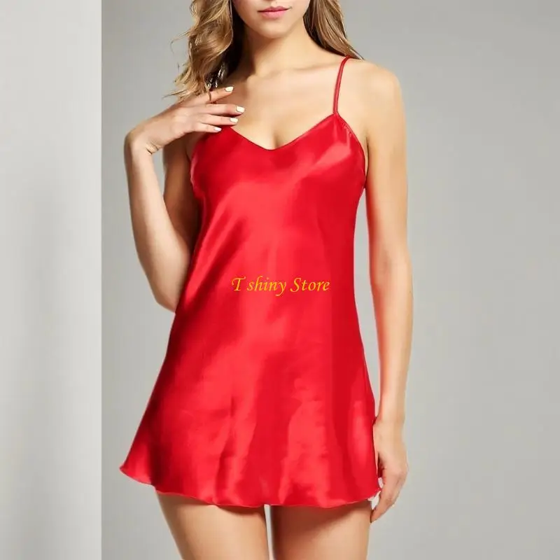 N58F Women's Satins Cami Slip Mini Dress V Neck Chemise Nightgown