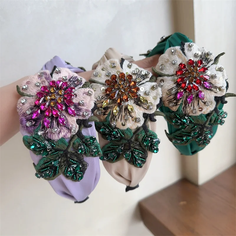 Pretty Boho Floral Embroidery Tape Headband for Lady Girls Shopping Party Headpiece Top Bow Knot Hairband for Women Head Wears