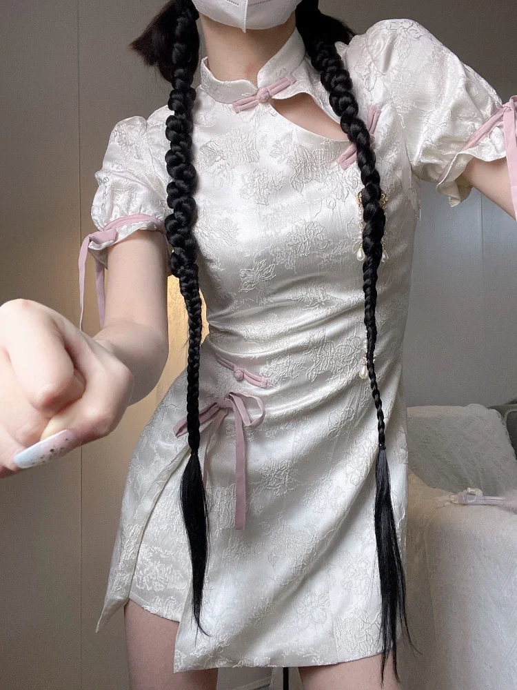 Harajuku Cheongsam Vestito Delle Donne Dolce Floreale Arco Fasciatura Lolita Abiti Y2k Estetica Sexy Del Manicotto di Soffio Abiti Mujer Modernize