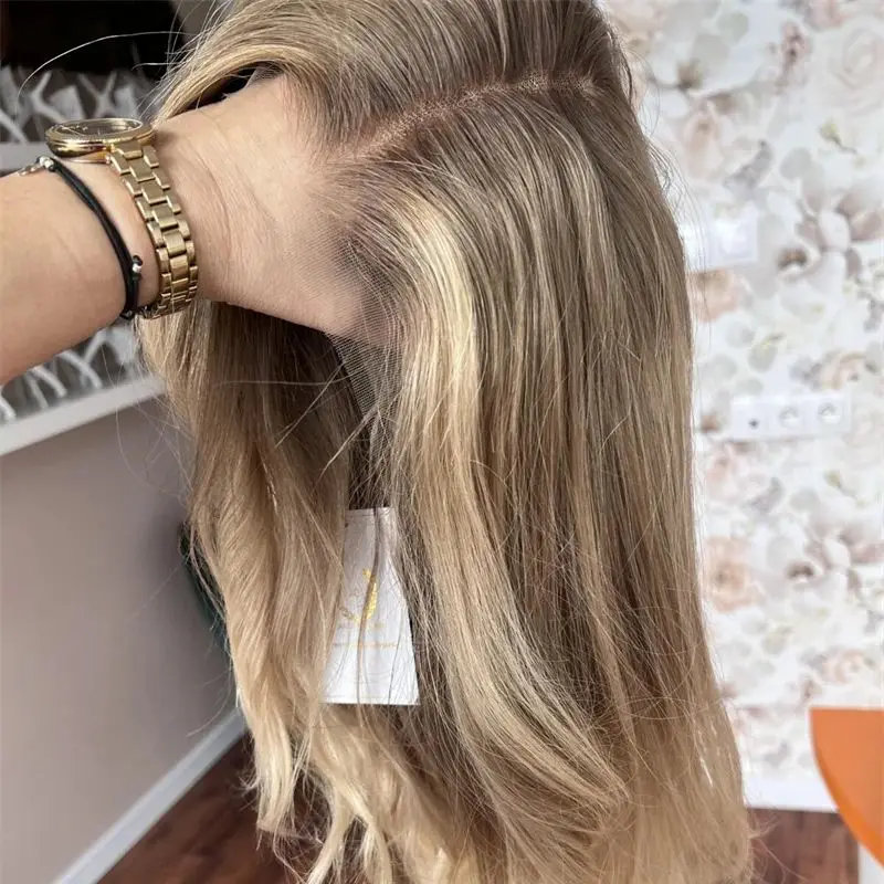 Middle Part Women's Wig Ombre Creamy Blonde Synthetic Lace Front Wig Natural Wave Wig with Preplucked Realistic Hairline Wig