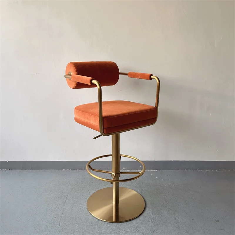 

Luxury Modern Kitchen bar Stool Swivel Chair with Back Golden Metal Velvet Retro Orange bar Chair High Chairs for Restaurant bar