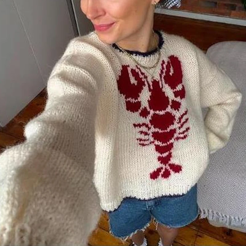 Lobster Patterm Knitted Pullovers Autumn Winter Long Sleeve Knitwear 90s Vintage Grunge Preppy Style Y2K Sweater Women Clothes