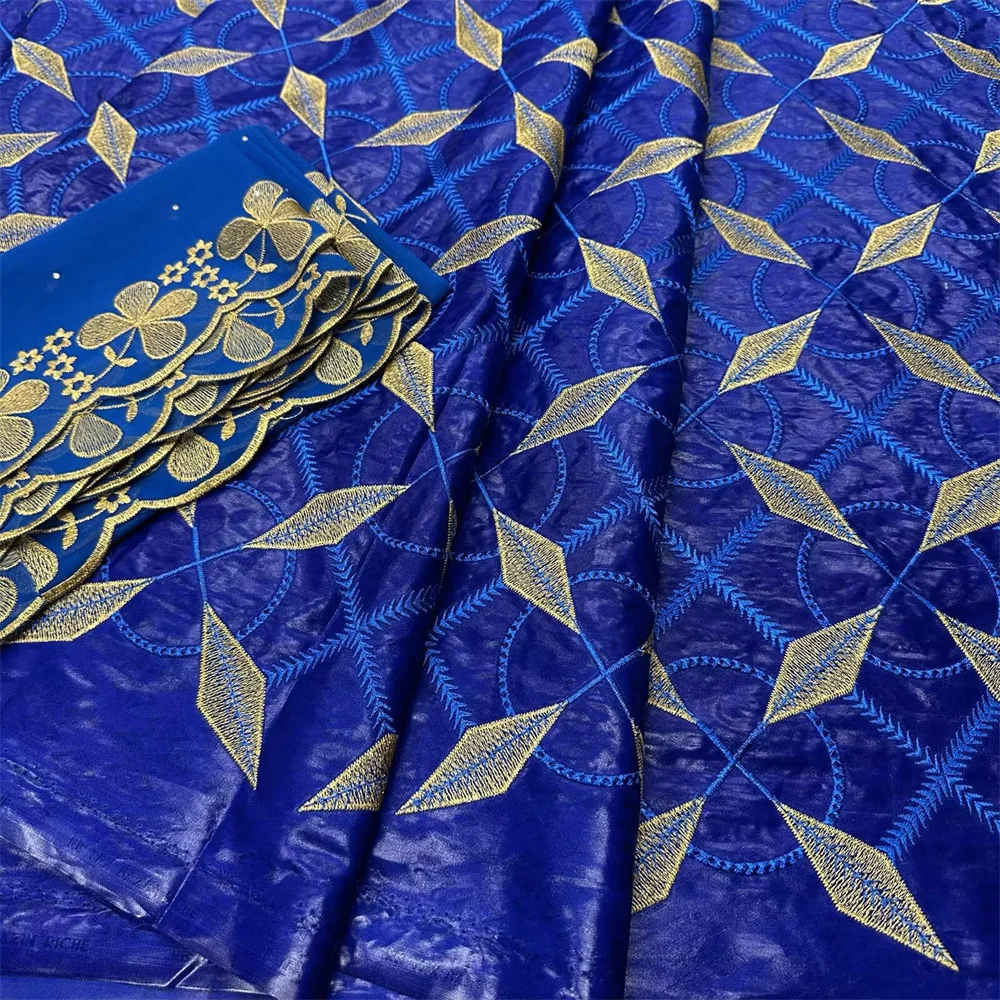 

Королевский синий басин с вышивкой, ткань басин-риш и африканское кружево из тюля, роскошное кружево басин, высокое качество, 5+2 ярда для платья