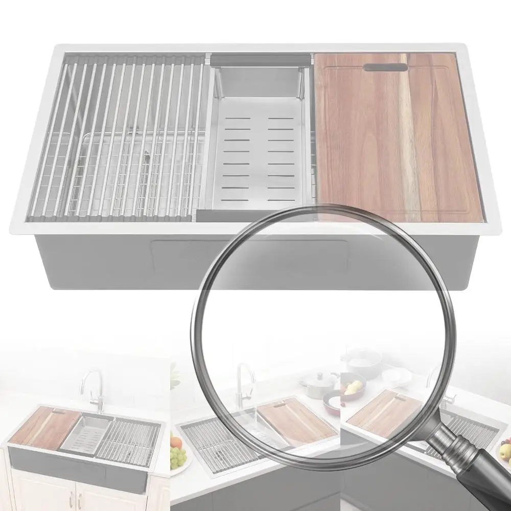 

16 Gauge Built-in Kitchen Sink with Bottom Grid Basket Strainer 30/33 Inch Single Bowl Ledge Workstation Multifunction Chef Sink