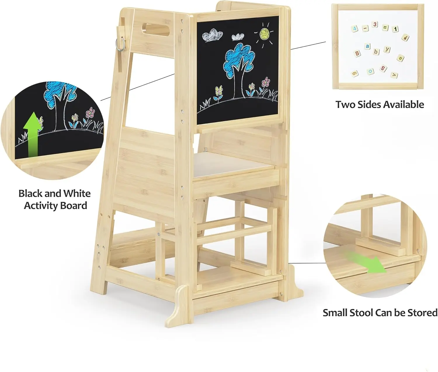 Kitchen Step Stool Kids Learning Helper Standing Tower 3 Height Adjustable Stool with Activity Chalkboard and Whiteboard Message