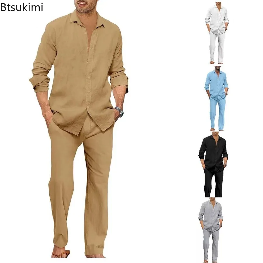2026 New Men's Beach Casual Two-pieces Comfortable Cotton Loose Long Sleeve Lapel Shirts and Trousers Men Solid Vacation Outfits