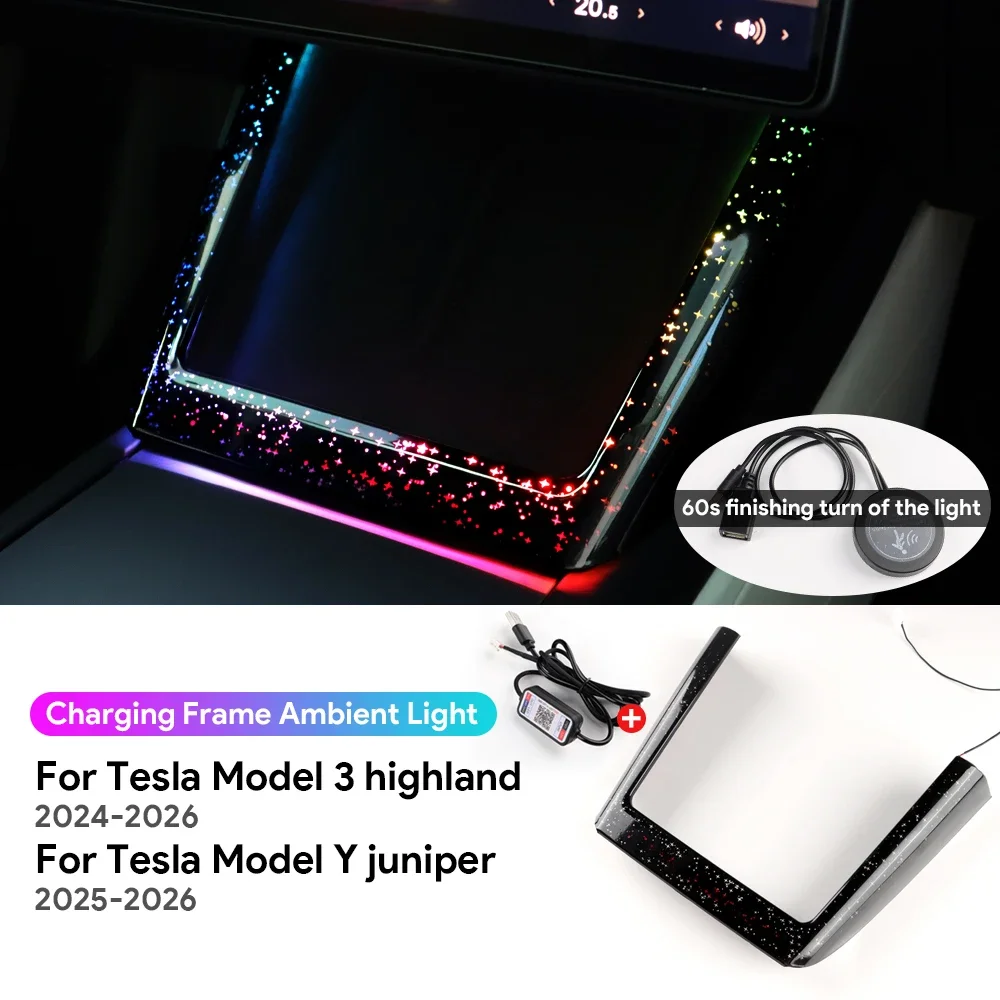 Grand Starry Atmosphere Trim LED For Tesla Model Y Juniper 2025 2026 Highland Model 3 2024-UP Car Wireless Charging Frame Light