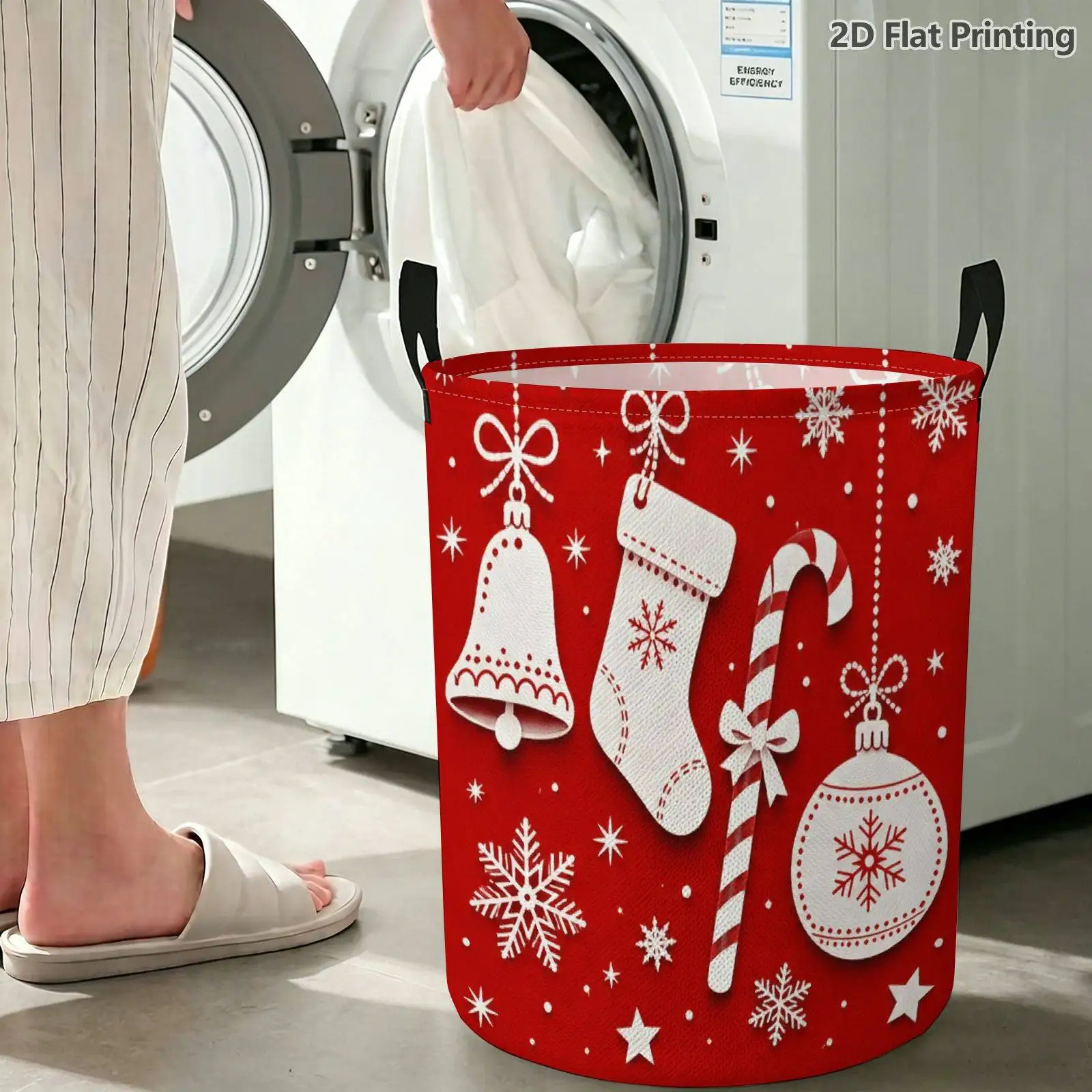 2D Flat 1pc Christmas Snowflake Stocking Dirty Laundry Basket, Multi-Functional Hamper with Handles, Foldable Storage