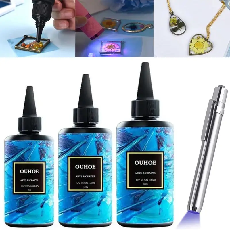 

30/100/200g UV Epoxy Resin Hard Glue Ultraviolet Curing For DIY Jewelry Making Quick Drying High Hardness Glue And UV Lamp