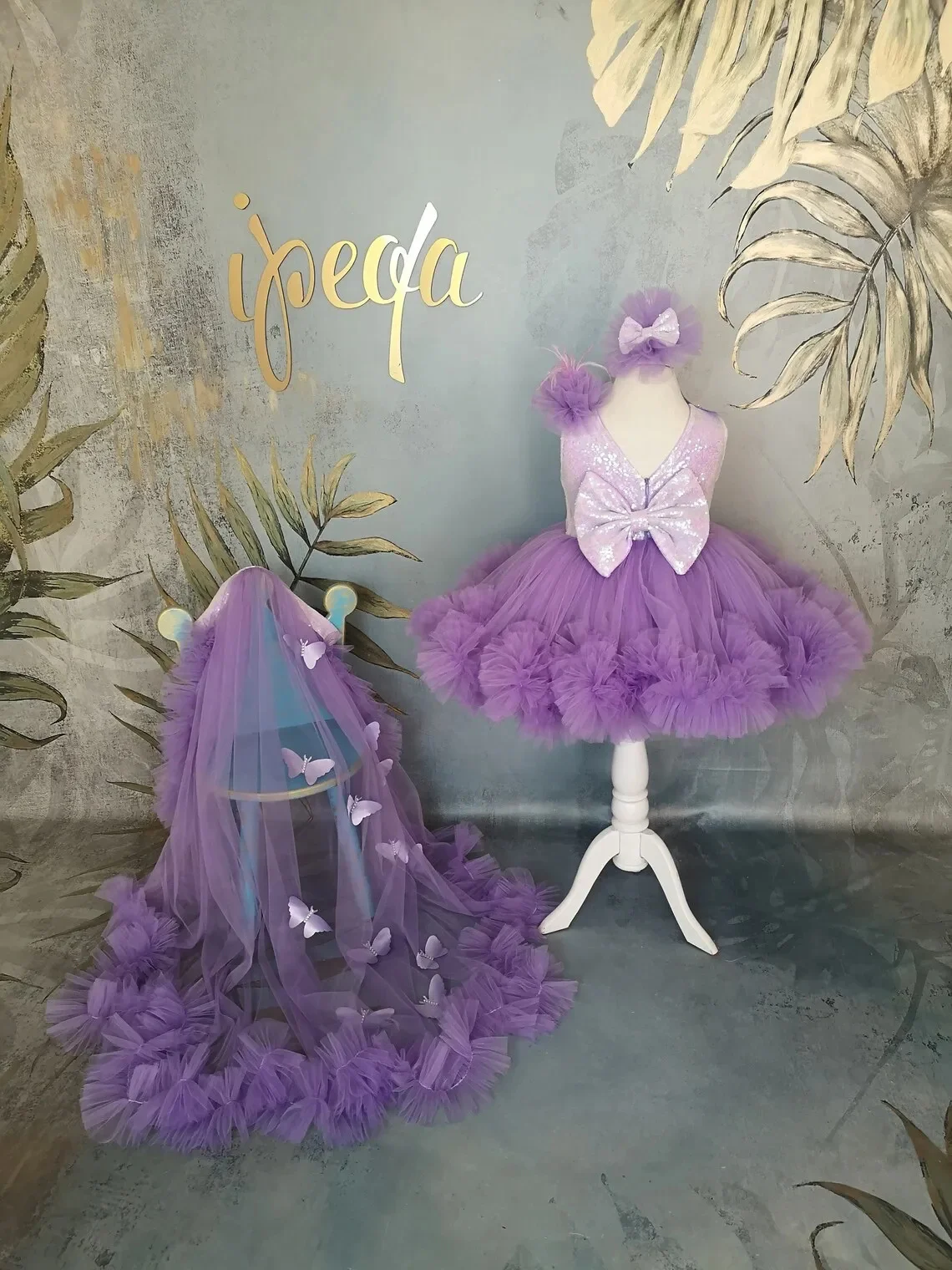 Flower Girl Dress 3d Butterfly Purple Tulle Puffy With Bow Princess Kid Birthday Party Detachable Tail First Communion Ball Gown