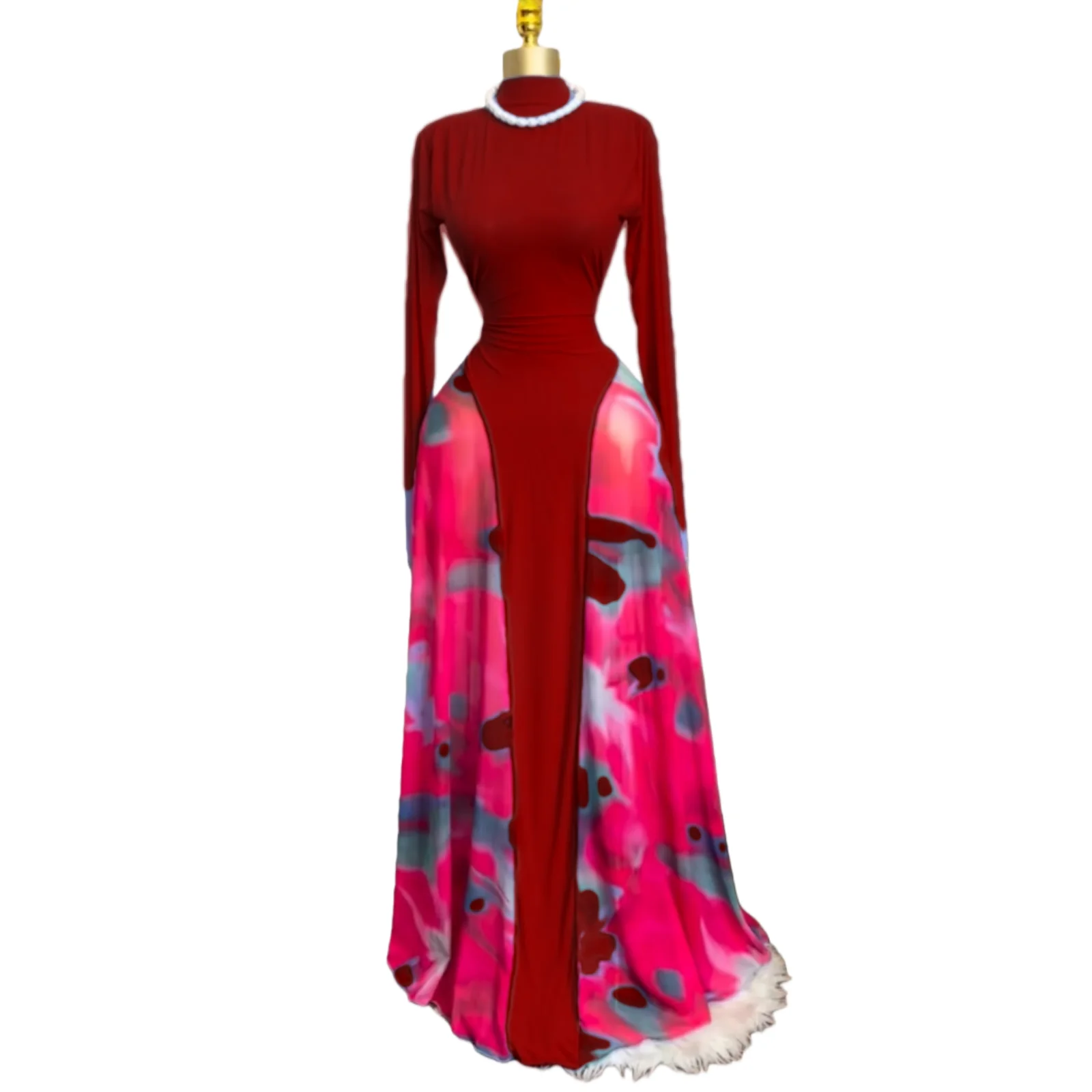 فستان نسائي طويل من GLCMYAYA مطبوع عليه ربطة عنق وياقة ساق كبيرة سوينغ على شكل حرف a فستان طويل لحفلات أعياد الميلاد فساتين طويلة #3