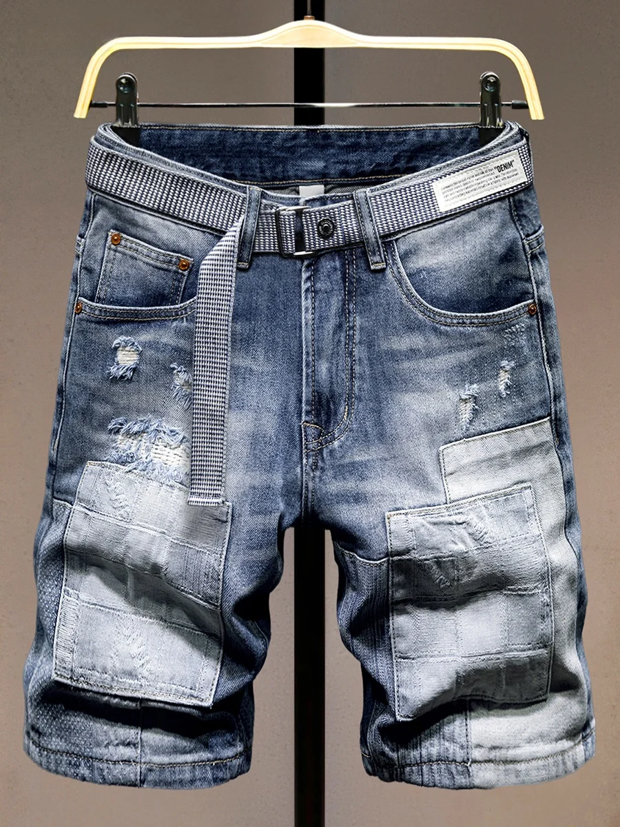 

Cool Men's Denim Shorts Fashionable Distressed Patchwork Slim Fit Five-Quarter Length Urban Style Cotton Stretch Denim