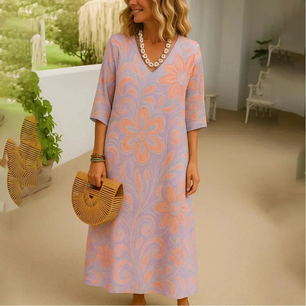 Ladies Long Dress Casual Floral 3D Printed Mid-length Sleeve Dress Fashion Sexy Party Dresses Woman Clothes 2025