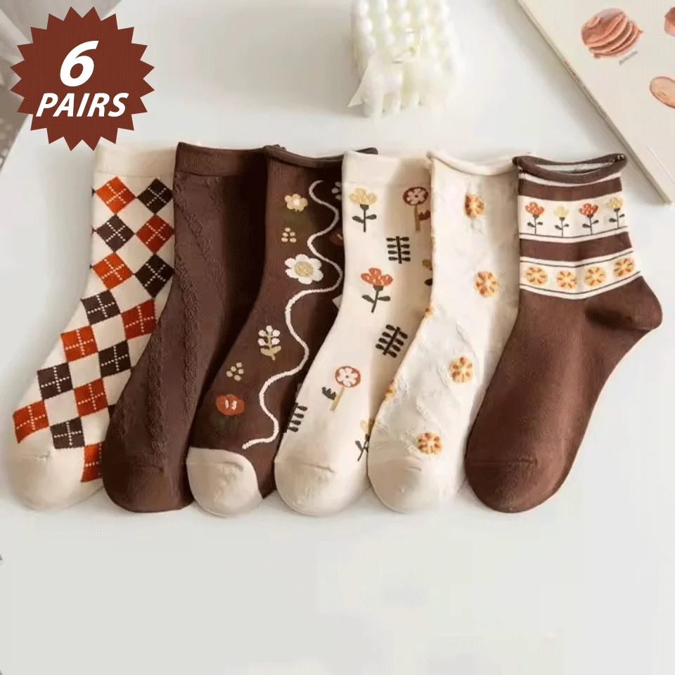

6 Pairs Soft Comfortable Women's Socks – Floral, Plaid & Striped Designs for Spring/Summer