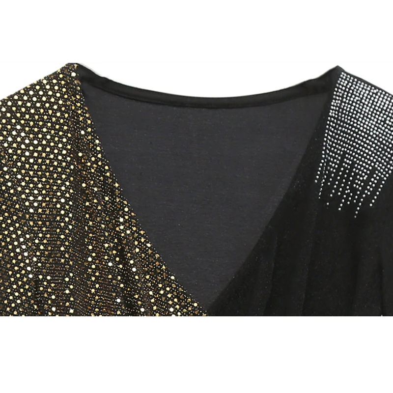 2023 새로운 가을 겨울 유럽 의류 섹시한 v 넥 패치 워크 반짝 이는 다이아몬드 티셔츠 여성 탑 긴 소매 밝은 티셔츠 39129