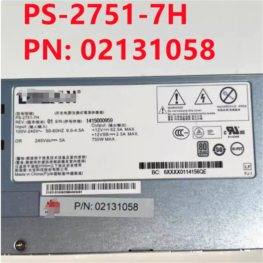 Original PS-2751-7H PN: 02131058 FOR Huawei RH1288 RH2288 V2 750W server power supply