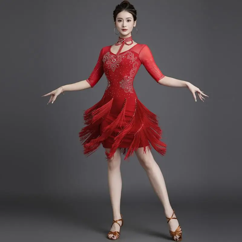 

2026 New Latin Dance Dress Competition Table Performance Clothing Professional Flower Dress 7236