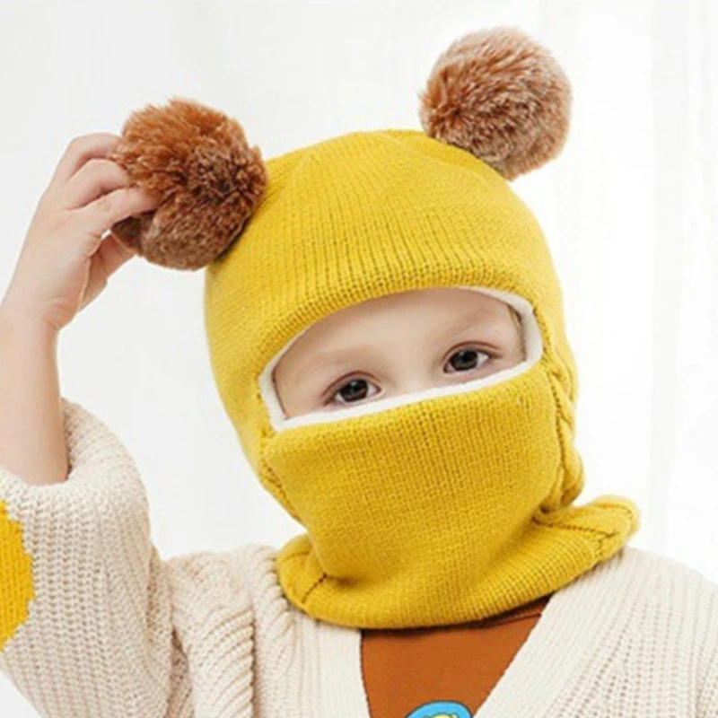 2024 Autumn and Winter Kids Balaclava Hat PomPom Knit Beanie Hats for Baby Hat Scarf Snood with Fleece Lining Caps for Boys