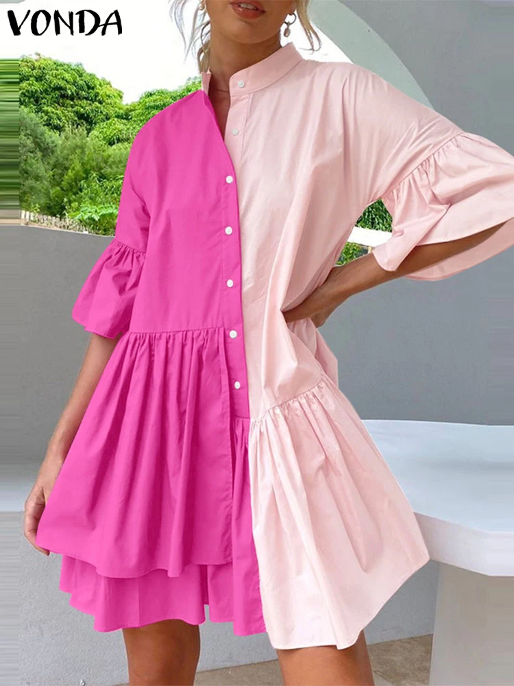 

Plus Size 5XL VONDA Bohemian Dresses Women Summer Ruffled Mini Sundress 2025 Fashion Color Patchwork Casual Party Vestidos Robe