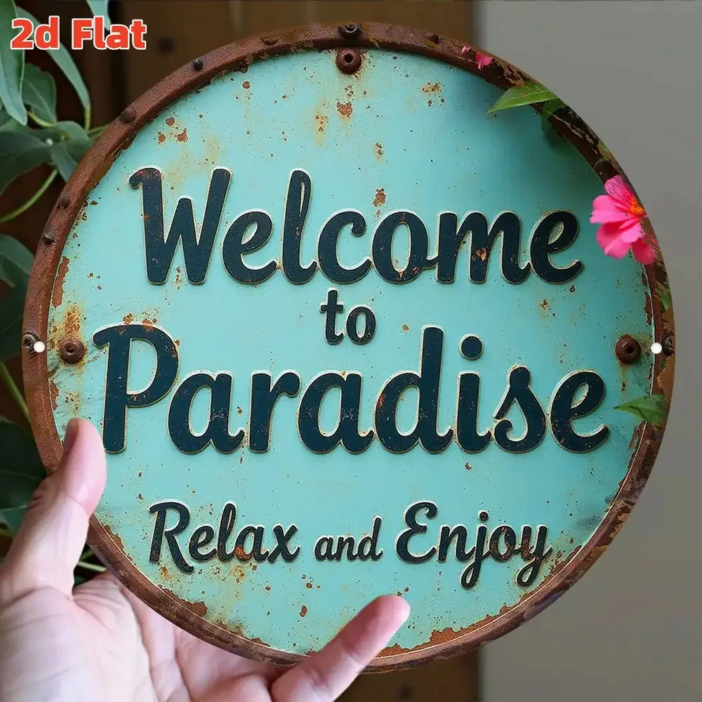 2D Flat, Vintage Turquoise Welcome to Paradise Wall Decor - Round Suitable for Poolside, Garden & Coastal Housewarming Gift,