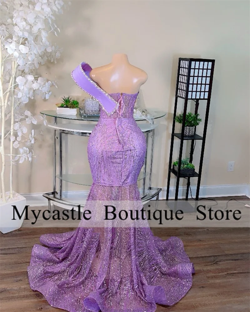 Lilac Purple Lace Beaded Mermaid Prom Dress 2025 Black Girls Diamante Appliques Evening Dresses Birthday Party Dress Customized