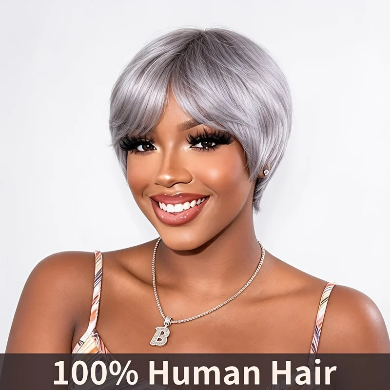 Pixie Cut Wigs Short Straight Human Hair Wigs With Bangs Layered Style 200% Density Real Human Hair Pixie Cut Wig Fashion Grey Brazilian Remy Human Hair Wig Full Machine Made Wigs For Halloween Christmas Party