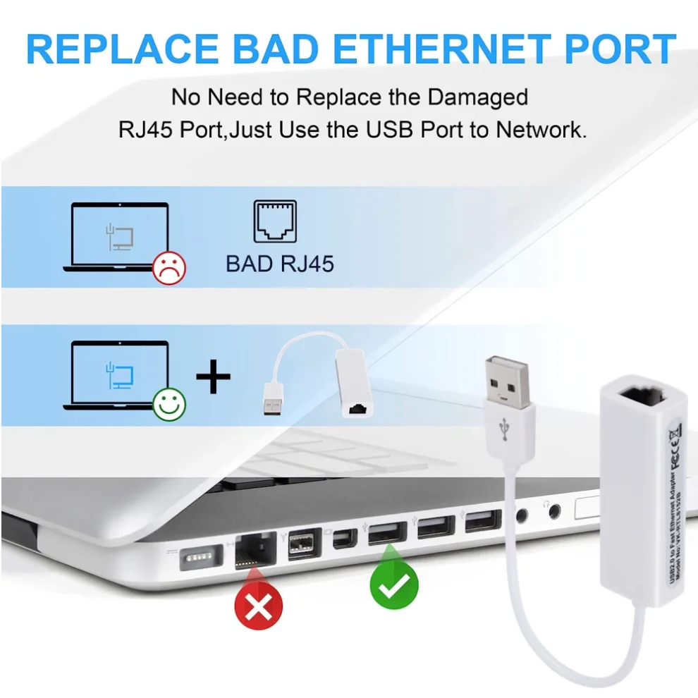 USB 2.0 para RJ45 Lan Ethernet Adapter, Placa de rede para PC, Macbook Laptop, Windows 7, 8, 10, 100Mbps, RTL8152B