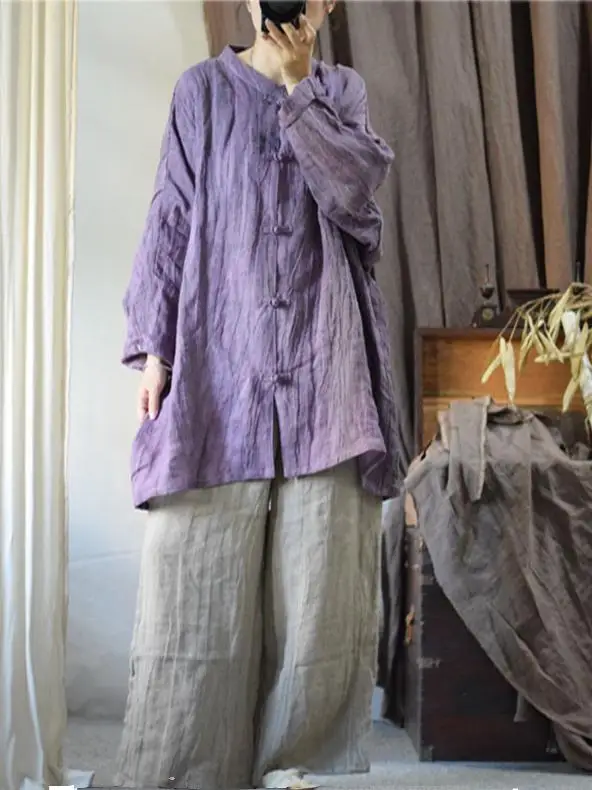 

Retro Worn Texture Linen irt Spring Autumn Loose Fit Long Sve Stand Collar Zen Sle Women's Top Chinese Sle Loose Sve