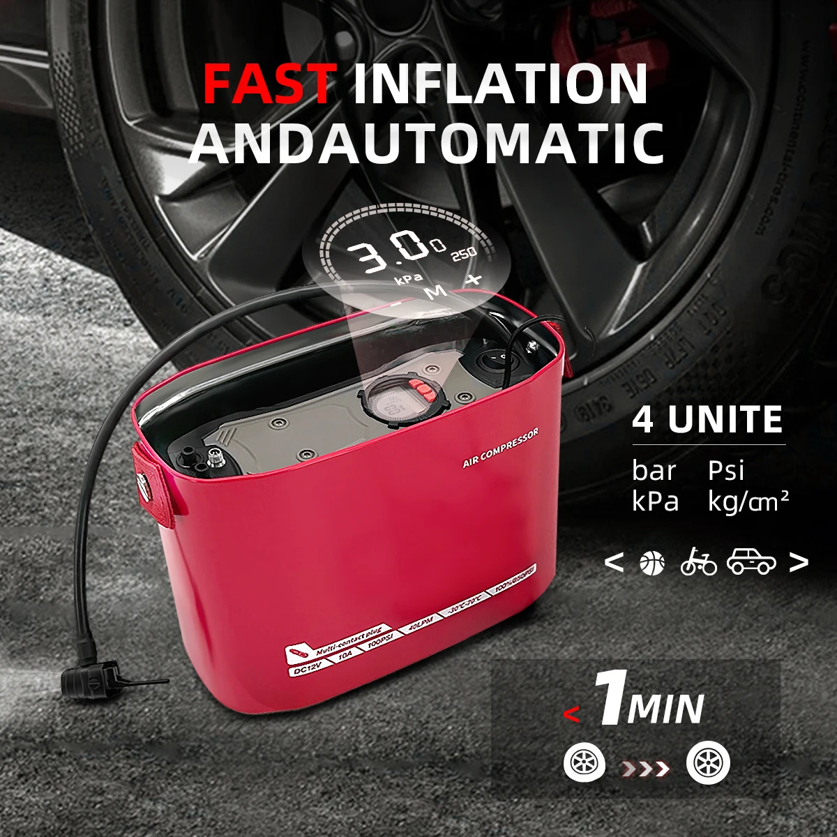 Gonfleur portable pour pneus de voiture, Compresseur d'air 100PSI, 39L/Min, Pompe à air avec charge automatique et Stop-B120