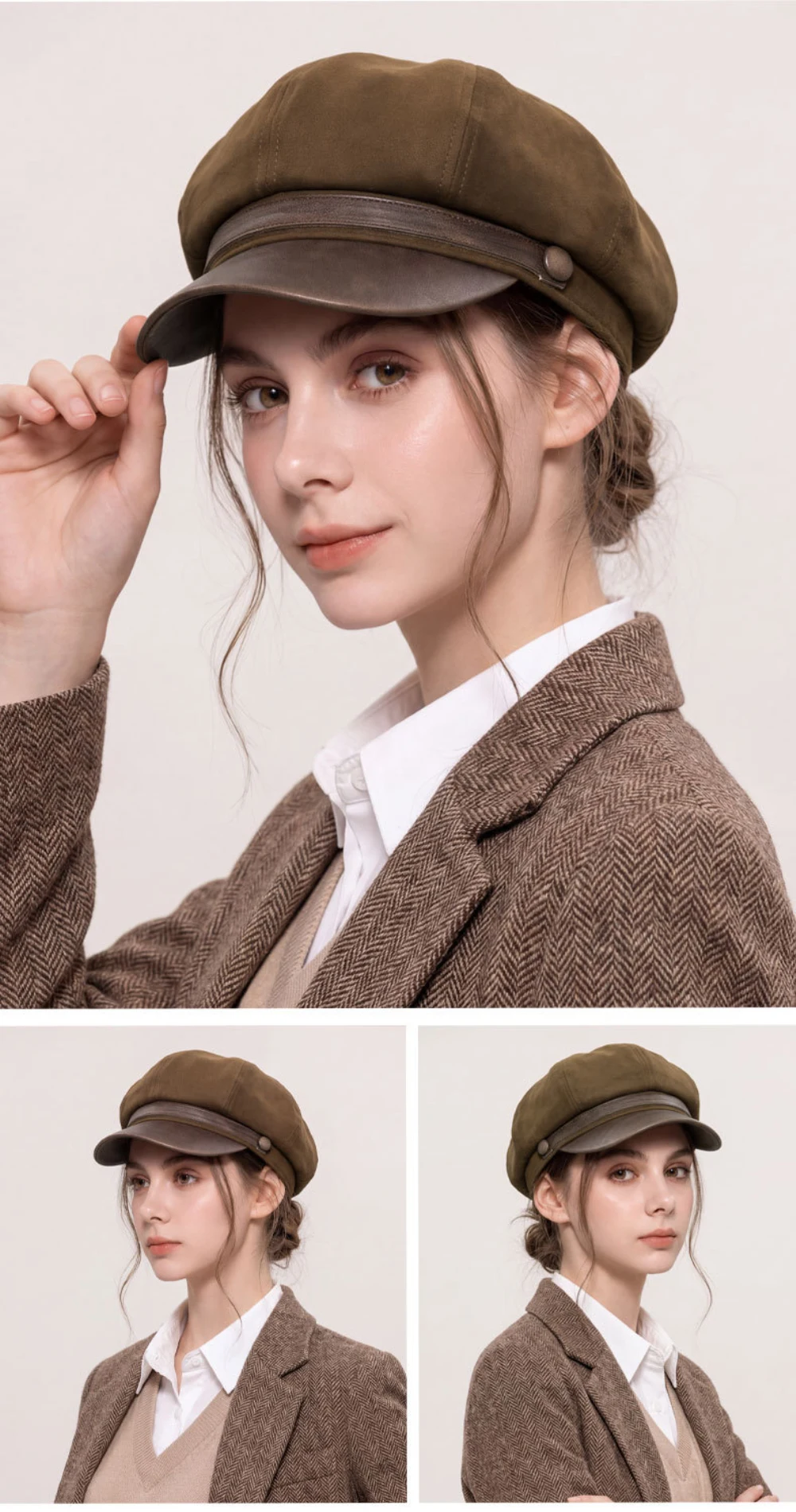 HT5149 Damen-Baskenmützen 2026 Neue Herbst-Winter-Wildleder-Baskenmütze Vintage Künstler-Malermütze Damen-Newsboy-Mütze mit PU-Lederkrempe – Detail 6